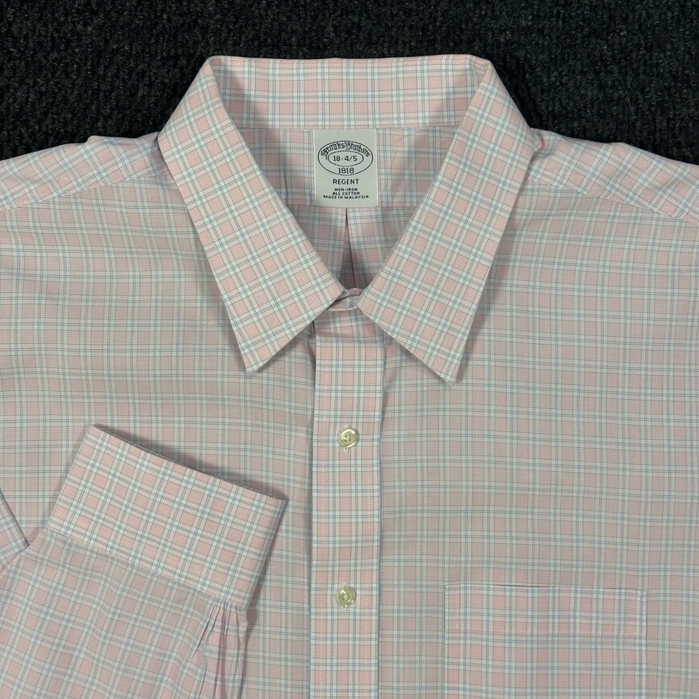 Brooks Brothers Regent Dress Shirt Men 18 34/35 Pink Plaid Collar Stays Non-Iron